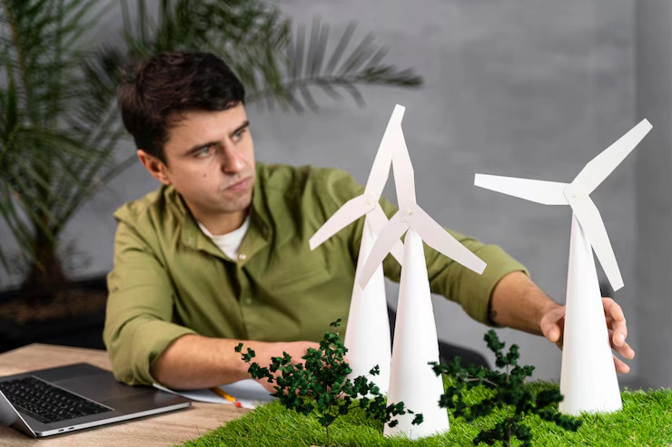 front view man working eco friendly wind power project with laptop wind turbines 23 2148847764