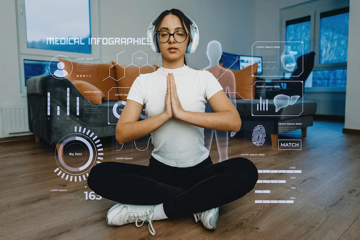 woman using smartphone while doing various exercises home surrounded by holograms displaying 597987 9039